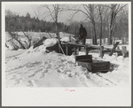 Hired man on Gilbert farm emptying load of manure after cleaning out the dairy barn early on a winter morning. Woodstock, Vermont