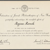Certificate awarded to Regina Resnik by the Federation of Jewish Philanthropies of New York
