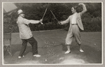 Postcard photograph of Yeichi Nimura fencing with unidentified man