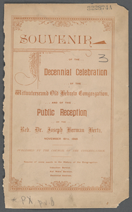 Souvenir of the decennial celebration of the Witwatersrand Old Hebrew Congregation and of the public reception of the Rev. Dr. Joseph Herman Hertz, November 16th, 1898