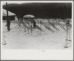 Skis outside of Tollhouse at foot of Mount Mansfield, Smugglers Notch. Near Stowe, Vermont