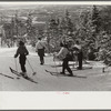 Skiers on the top of Cannon Mountain, Franconia Nottch, New Hampshire