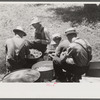 Parishoners peeling potatoes for a benefit picnic supper on the grounds of St. Thomas' Church. Near Bardstown, Kentucky