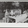 Legionnaires eating and drinking beer at American Legion fish fry, Oldham County, Post 39, near Louisville, Kentucky