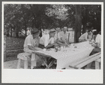 Legionnaires eating and drinking beer at American Legion fish fry, Oldham County, Post 39, near Louisville, Kentucky
