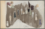 Ink and watercolor costume sketch of various characters in the stage production The Little Foxes