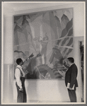 Artist Aaron Douglas (left) and Schomburg Collection curator Arthur A. Schomburg in front of Douglas's painting "Aspects of Negro Life: Song of the Towers"