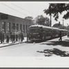 Workers leaving plant at afternoon change of shift, Pratt and Whitney, United Aircraft, East Hartford, Connecticut