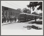 Workers leaving plant at afternoon change of shift, Pratt and Whitney, United Aircraft, East Hartford, Connecticut