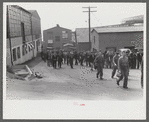 Workers leaving plant at change of shift before being paid off. Electric Boat Works, Groton, Connecticut