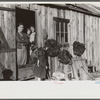 Spanish trapper's camp home and family with dried muskrat skins hanging in front. In the marshes near Delacroix Island, Louisiana