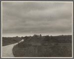 View of road with big house and windmill in the distance. Shinnecock Hills, Southampton