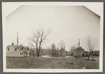 View of corner. New York Ave. and Old Country Road. Bassett house (1873) on Left, J.J. Lowry house (1873) in center, Jarvis blacksmithshop (1873) on right. Melville, Huntington