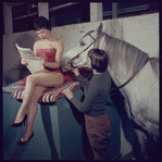La Plume de Ma Tante, original Broadway production, cast posing with horse