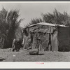 Migrant packinghouse workers' shack or "lean-to" made of old rusty pieces of galvanized tin and burlap. It is beside a canal in the "muck" and "swamp" cane." No lights or furniture, no water, only that which they haul from the packinghouse