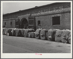 Burst bales of cotton on street in front of stock barn and warehouse. Montgomery, Alabama