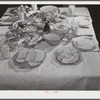 Balanced diet at Helms family supper: roast beef (home canned) turnip greens, potato salad, stuffed eggs, lima beans, rice, pear pickles, biscuits, cornbread, butter, milk, peaches, cake. Coffee County, Alabama