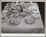 Balanced diet at Helms family supper: roast beef (home canned) turnip greens, potato salad, stuffed eggs, lima beans, rice, pear pickles, biscuits, cornbread, butter, milk, peaches, cake. Coffee County, Alabama