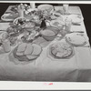 Balanced diet at Helms family supper: roast beef (home canned) turnip greens, potato salad, stuffed eggs, lima beans, rice, pear pickles, biscuits, cornbread, butter, milk, peaches, cake. Coffee County, Alabama