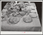 Balanced diet at Helms family supper: roast beef (home canned) turnip greens, potato salad, stuffed eggs, lima beans, rice, pear pickles, biscuits, cornbread, butter, milk, peaches, cake. Coffee County, Alabama