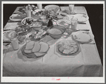 Balanced diet at Helms family supper: roast beef (home canned) turnip greens, potato salad, stuffed eggs, lima beans, rice, pear pickles, biscuits, cornbread, butter, milk, peaches, cake. Coffee County, Alabama