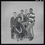 Lorraine Hansberry, David J. Cogan, Lloyd Richards, Philip Rose and Sidney Poitier in studio photo for the stage production A Raisin in the Sun