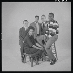 Lorraine Hansberry, David J. Cogan, Lloyd Richards, Philip Rose and Sidney Poitier in studio photo for the stage production A Raisin in the Sun