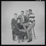 Lorraine Hansberry, David J. Cogan, Lloyd Richards, Philip Rose and Sidney Poitier in studio photo for the stage production A Raisin in the Sun