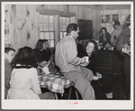 Skiers in ski hut built by Clinton Gilbert, farmer in Woodstock, Vermont
