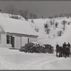 Clinton Gilbert, farmer, and his helper hauling wood in sled. Woodstock, Vermont