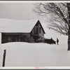 Taking wood from snowed-under woodpile into shed with team of oxen and sled. Near Barnard, Windsor County, Vermont