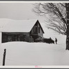 Taking wood from snowed-under woodpile into shed with team of oxen and sled. Near Barnard, Windsor County, Vermont
