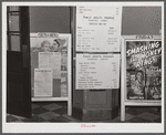 Town hall entrance on town meeting day. Movies are shown here evenings. Woodstock, Vermont