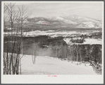 North Conway, New Hampshire, from Cranmore Mountain. Presidential range of White Mountains in distance. Skiers are taken up to the top by the skimobile. Eastern slopes ski territory. North Conway, New Hampshire