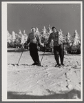 Skiers on top of Cannon Mountain. Franconia Notch, New Hampshire