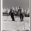 Skiers on top of Cannon Mountain. Franconia Notch, New Hampshire