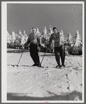 Skiers on top of Cannon Mountain. Franconia Notch, New Hampshire