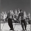 Skiers on top of Cannon Mountain. Franconia Notch, New Hampshire
