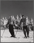 Skiers on top of Cannon Mountain. Franconia Notch, New Hampshire