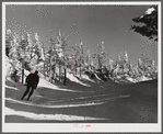 Skier on top of Cannon Mountain. Franconia Notch, New Hampshire