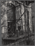 Woman and young child watching the street from the window and fire escape 