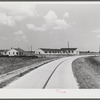 Main highway leading through the project, with school and community building on left. Transylvania Project, Louisiana