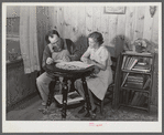 Mr. and Mrs. Verden Lee working on farm family record book in the living room of their home. Transylvania, Project, Louisiana