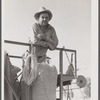 Golus Skipper on the co-op association's binder while threshing Willy Anglin's oats. Transylvania Project, Louisiana