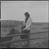 Unidentified woman on fence with horse