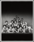 Publicity photograph of the Alvin Ailey dance company, including Dudley Williams, Clover Mathis, Estelle Spurlock, Kenneth Pearl, Sara Yarborough, Hector Mercado, Clive Thompson, Judith Jamison, Linda Kent, Freddy Romero, Mari Kajiwara, Kelvin Rotardier, John Parks, and unidentified others