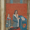 Portrait of praying owners, with coat of arms displayed on the altar cloth