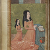 A woman and her daughter kneeling in prayer at a prie-dieu