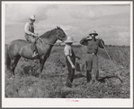 The waterboy brings one of the cooperative members a drink while he chops grass out of sugarcane field. The foreman, chosen by group from among own members, is on horse supervising work. Terrebonne Project, Schriever, Louisiana