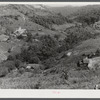 General landscape near Hyden, Kentucky, showing mountain cabins, sheds and cornfields.